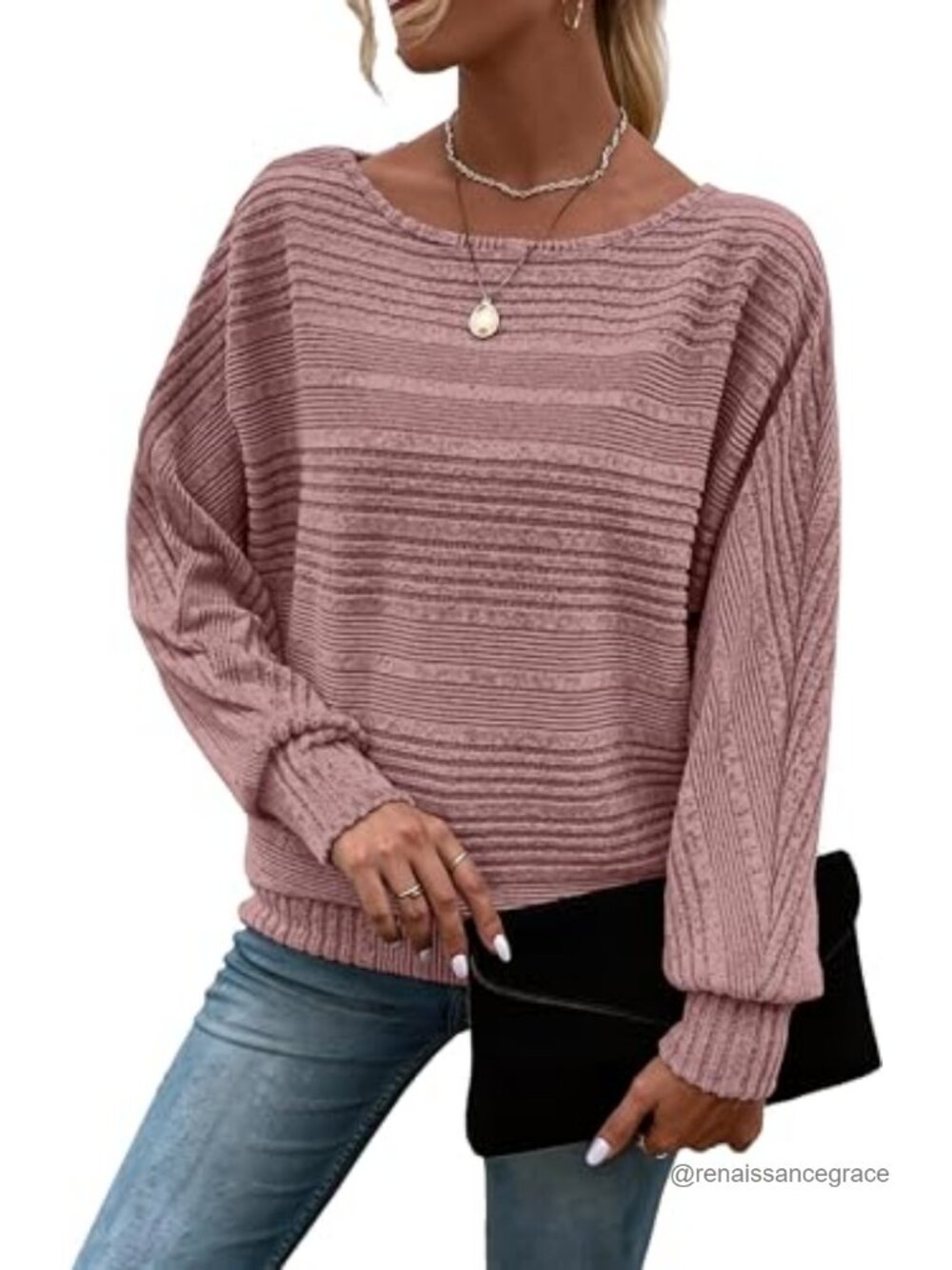 Batwing Long Sleeve Tunic Top Crew Neck Pullover Sweater
